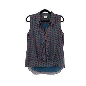 Cabi Blouse Womens Medium Top Medallion Reign Teal Ruffle Sleeveless Hi Low 3275